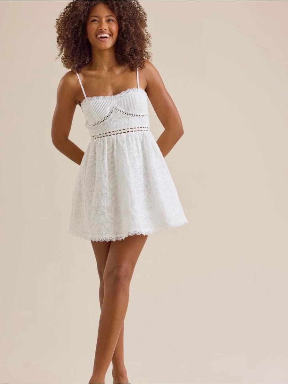White Eyelet Lace Spaghetti Strap Mini Dress - Picture 3 of 6